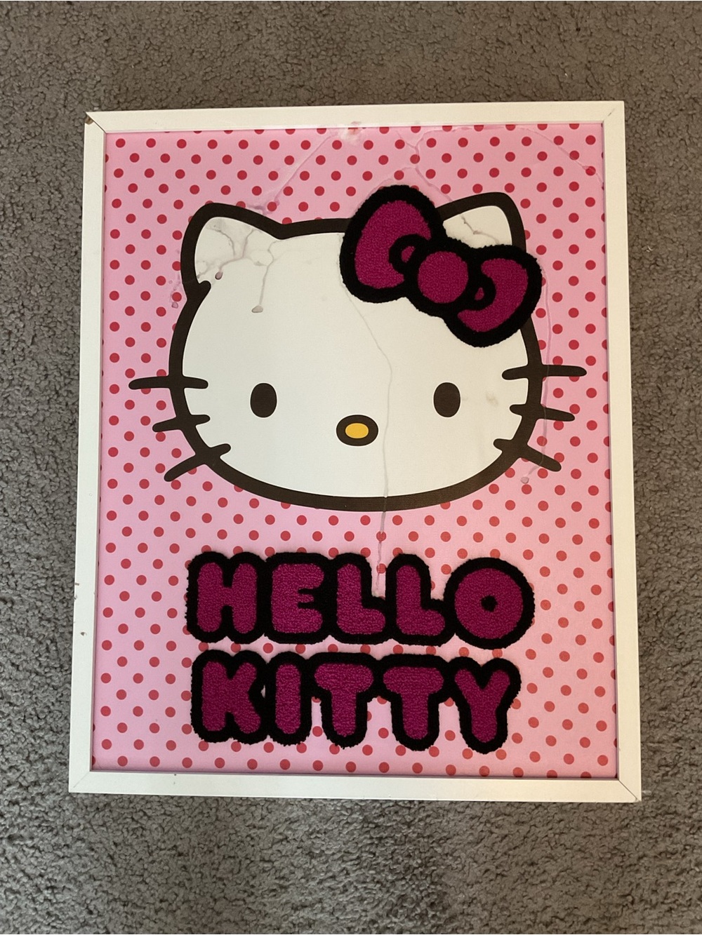 Hello Kitty VTG Large Textured Pop-Art Pink White Polka Dot Framed Picture Y2K
